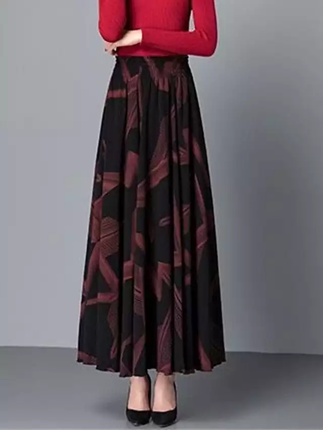 A Line Maxi Skirt for Women in Black, Yellow, and Red with Pleated Print and Pockets