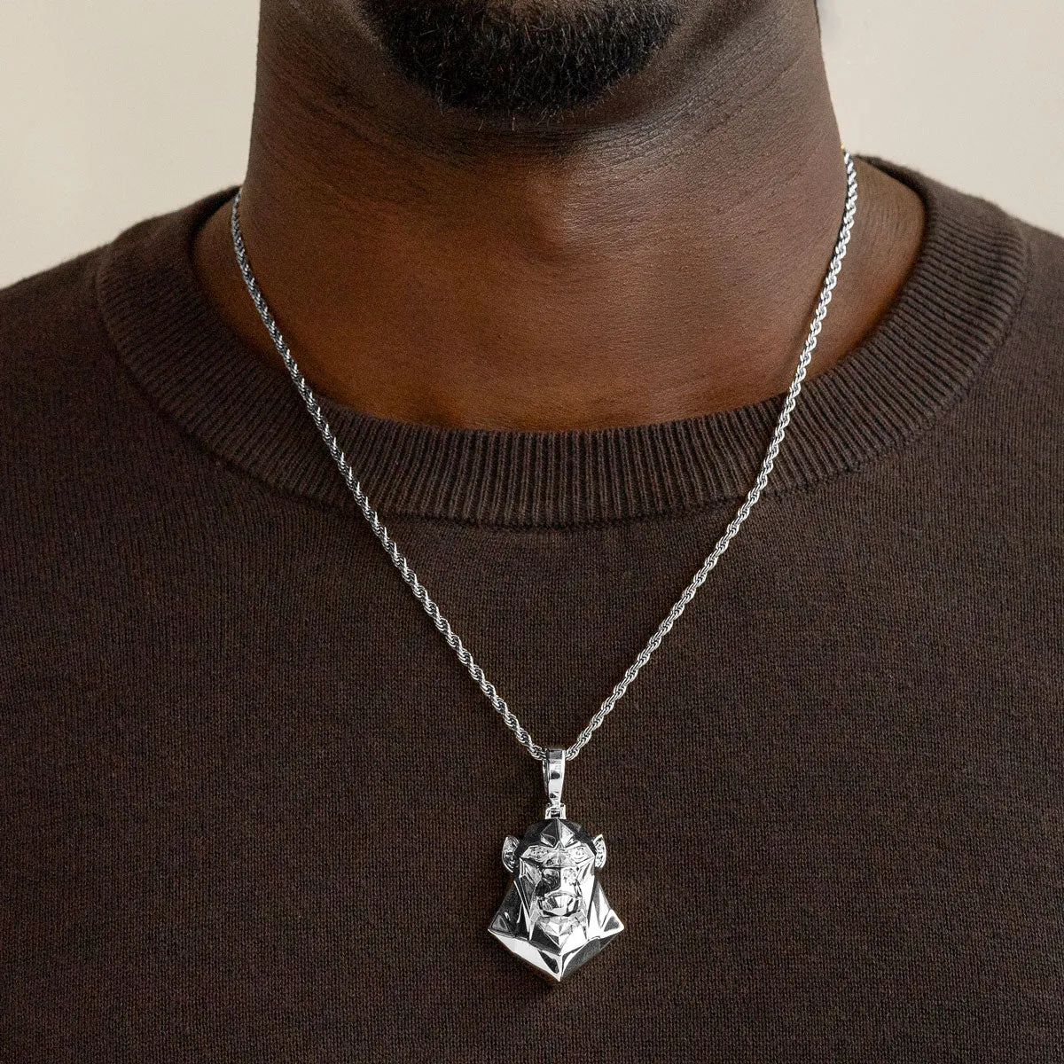 Ape Head Necklace Pendant & Rope Chain White Gold