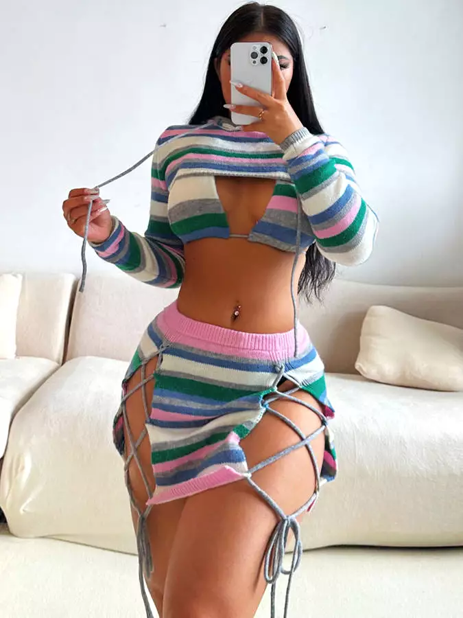 Ashore Shop Summer Striped Ribbons Three Pieces Skirt Sets Halter Bandage 3 Piece Set Women Patchwork Women's Set