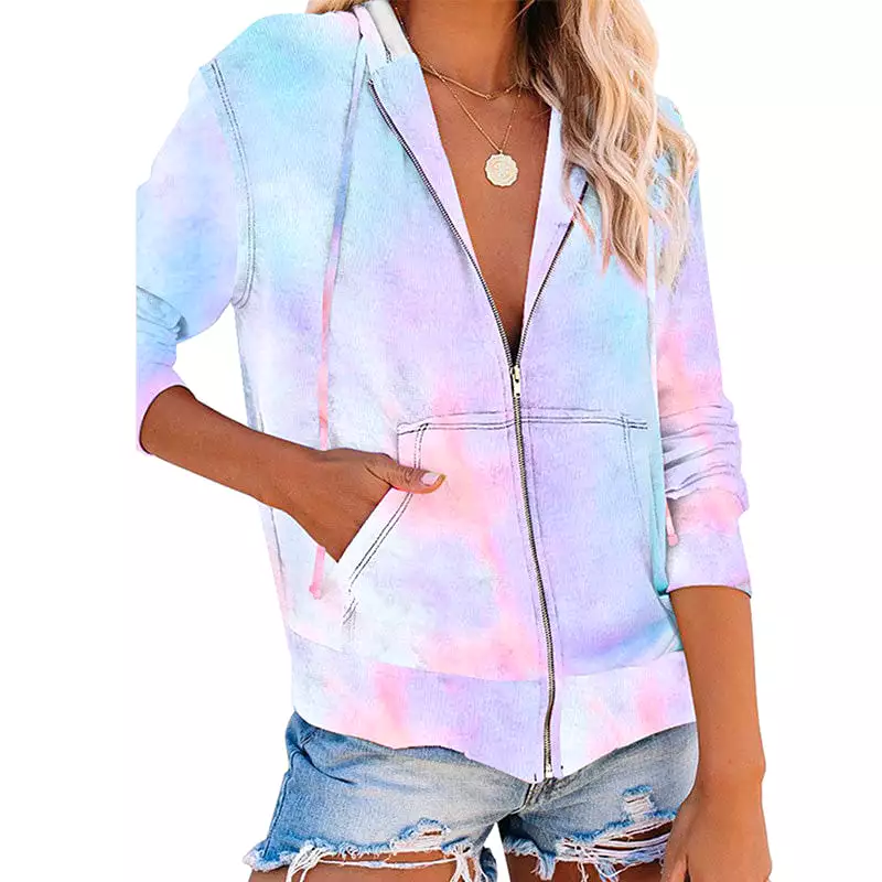 Ashore Shop Tie Dye Zip-up Hoodies Women Pockets Drawstring Hooded Coat Casual Rainbow Hoodie Women Long Sleeve Hoddies Top