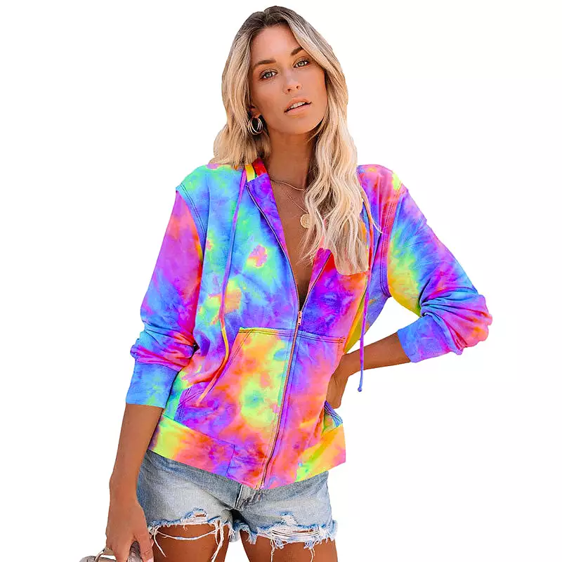 Ashore Shop Tie Dye Zip-up Hoodies Women Pockets Drawstring Hooded Coat Casual Rainbow Hoodie Women Long Sleeve Hoddies Top