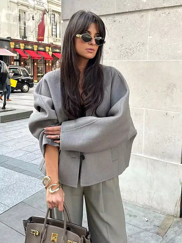 Autumn Women's Grey Cropped Coat Elegant V-neck Single Breasted Long Sleeve Female Coats Winter Female Chic Streetwear Jackets