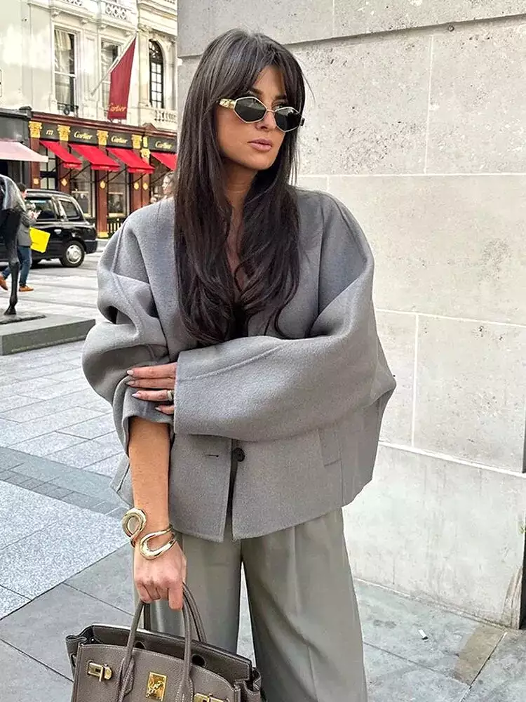 Autumn Women's Grey Cropped Coat Elegant V-neck Single Breasted Long Sleeve Female Coats Winter Female Chic Streetwear Jackets