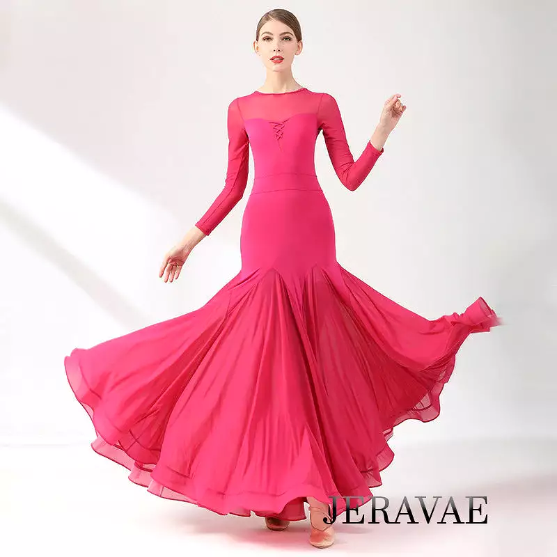 Ballroom Practice Dress with Long Sleeves, Princess Neckline, Heart Cutout on Back, Wrapped Horsehair Hem, and Sheer Chiffon Ski