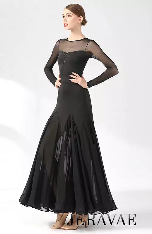 Ballroom Practice Dress with Long Sleeves, Princess Neckline, Heart Cutout on Back, Wrapped Horsehair Hem, and Sheer Chiffon Ski