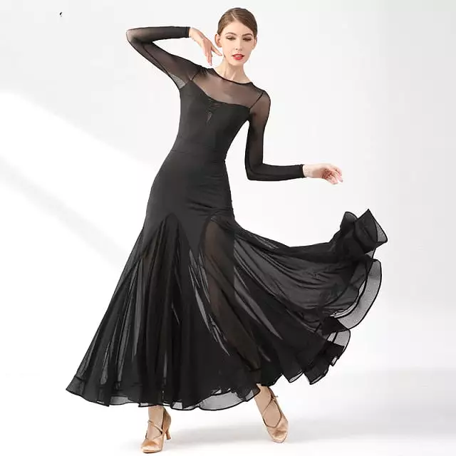 Ballroom Practice Dress with Long Sleeves, Princess Neckline, Heart Cutout on Back, Wrapped Horsehair Hem, and Sheer Chiffon Ski