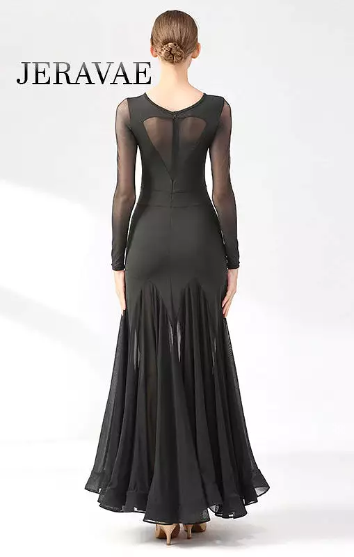 Ballroom Practice Dress with Long Sleeves, Princess Neckline, Heart Cutout on Back, Wrapped Horsehair Hem, and Sheer Chiffon Ski