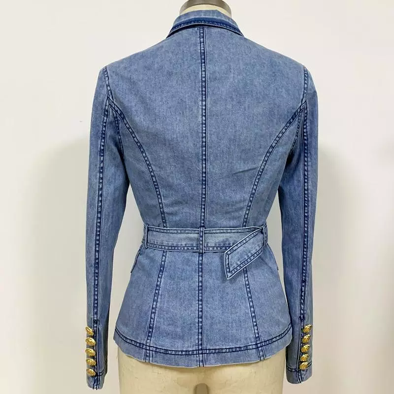 Belted Denim Blazer Women - Casual - Plain-Solid