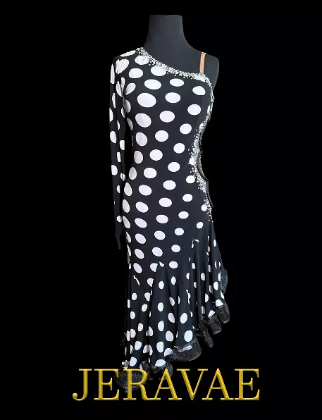 Black and White Polka Dot Latin Dress with One Long Sleeve, Swarovski Stones, Asymmetrical Neckline, Slit in Skirt, and Circle D