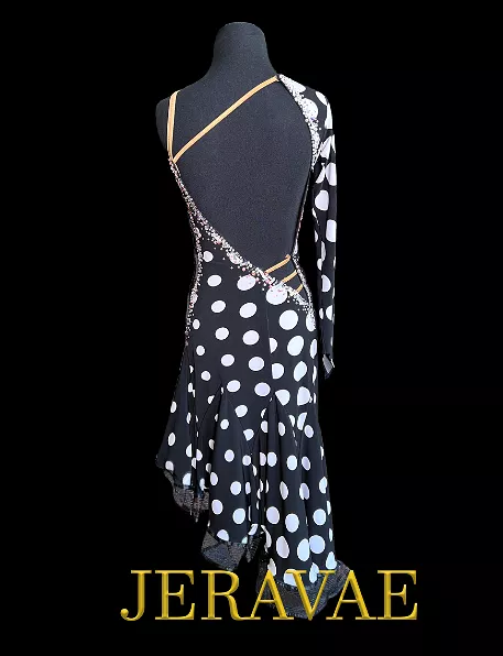 Black and White Polka Dot Latin Dress with One Long Sleeve, Swarovski Stones, Asymmetrical Neckline, Slit in Skirt, and Circle D