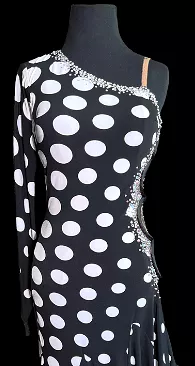 Black and White Polka Dot Latin Dress with One Long Sleeve, Swarovski Stones, Asymmetrical Neckline, Slit in Skirt, and Circle D