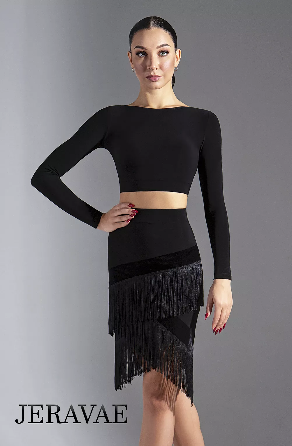 Black Latin Practice Skirt with Diagonal Cut Fringe, Velvet Accents, and Cross Pattern Cut PRA 632_sale