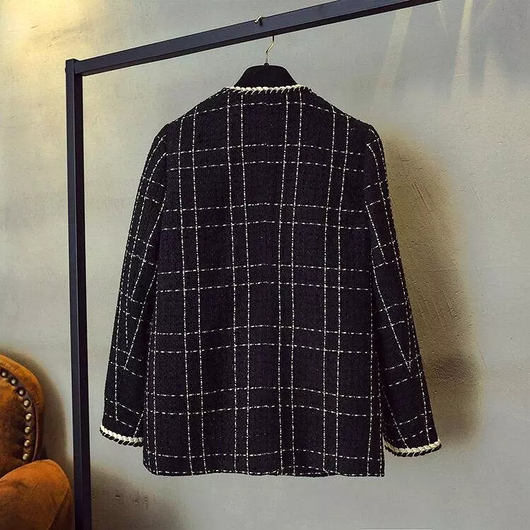 Black V-Neck Plaid Tweed Coat Women