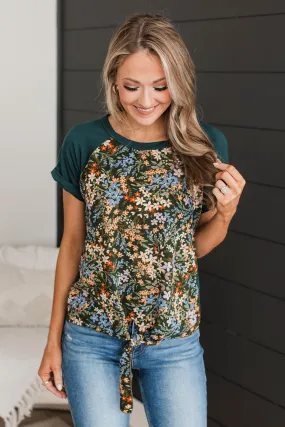 Blooming Right Floral Tie Top- Hunter Green