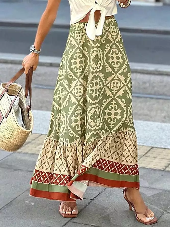 Boho Ruffle Print Asymmetrical Maxi Skirt for Women