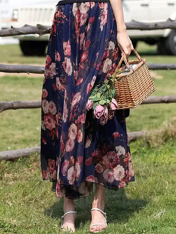 Boho Style Chiffon Floral Print Maxi Skirt for Women