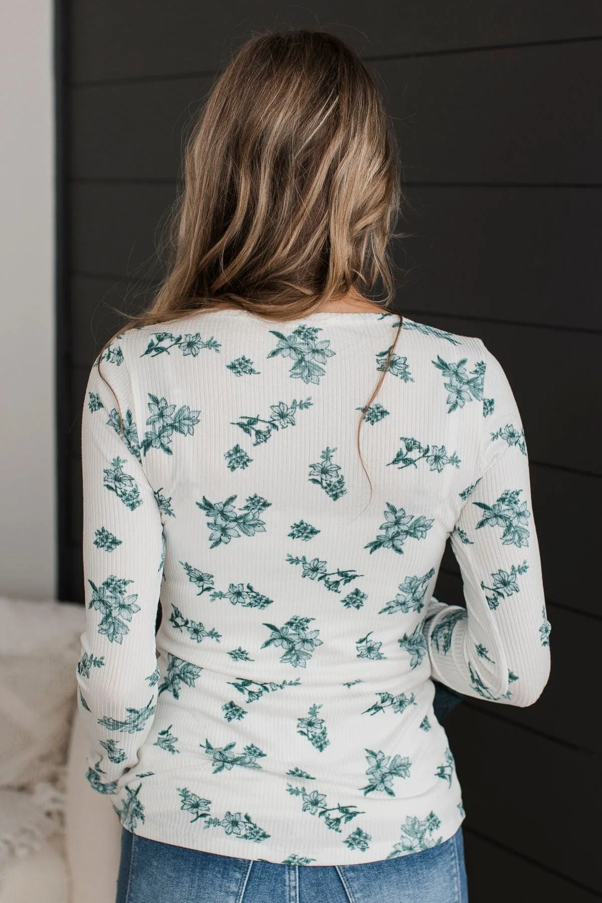 Call Me Lovely Floral Henley Top- Ivory & Hunter Green