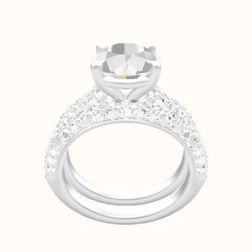 Cathedral Three Row Pave Engagement Ring With Standard Four Prong Head and Matching Band