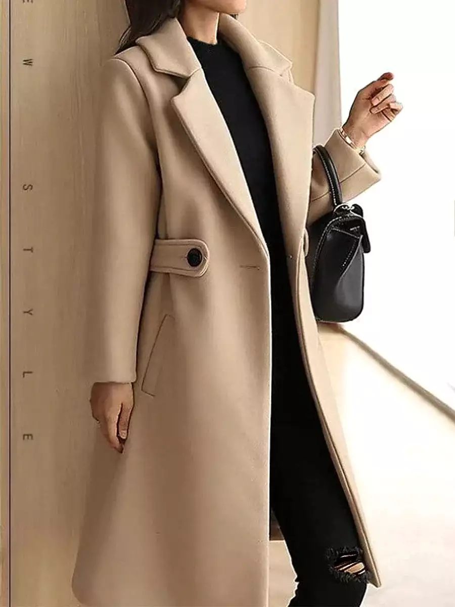 Chic Women's Long Coat with Eye-Catching Print and Convenient Pockets in Red, Camel, or Brown