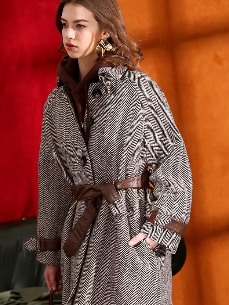 Classic  Herringbone women's  wool coat with sheepskin mid-length jacket Quilting Lining