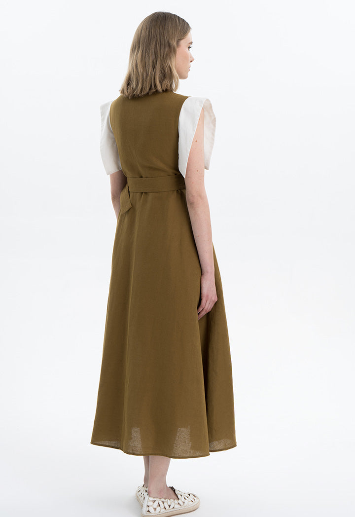 Contrast Flap Maxi Linen Dress