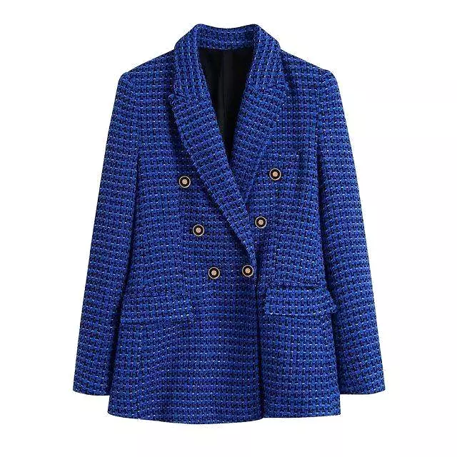 Dark Blue Tweed Blazer Women - Casual - Plaid