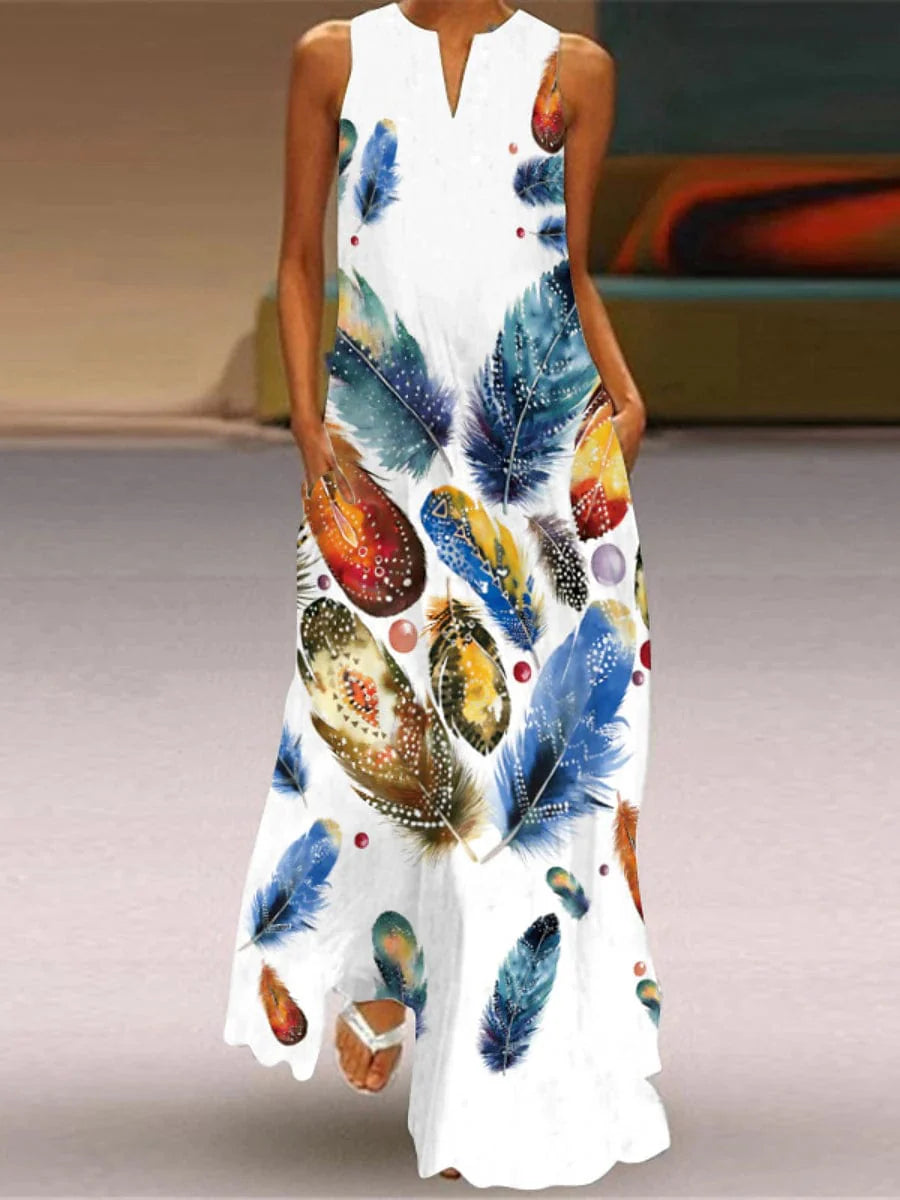 Elegant Feather Print V Neck Maxi Dress for Women