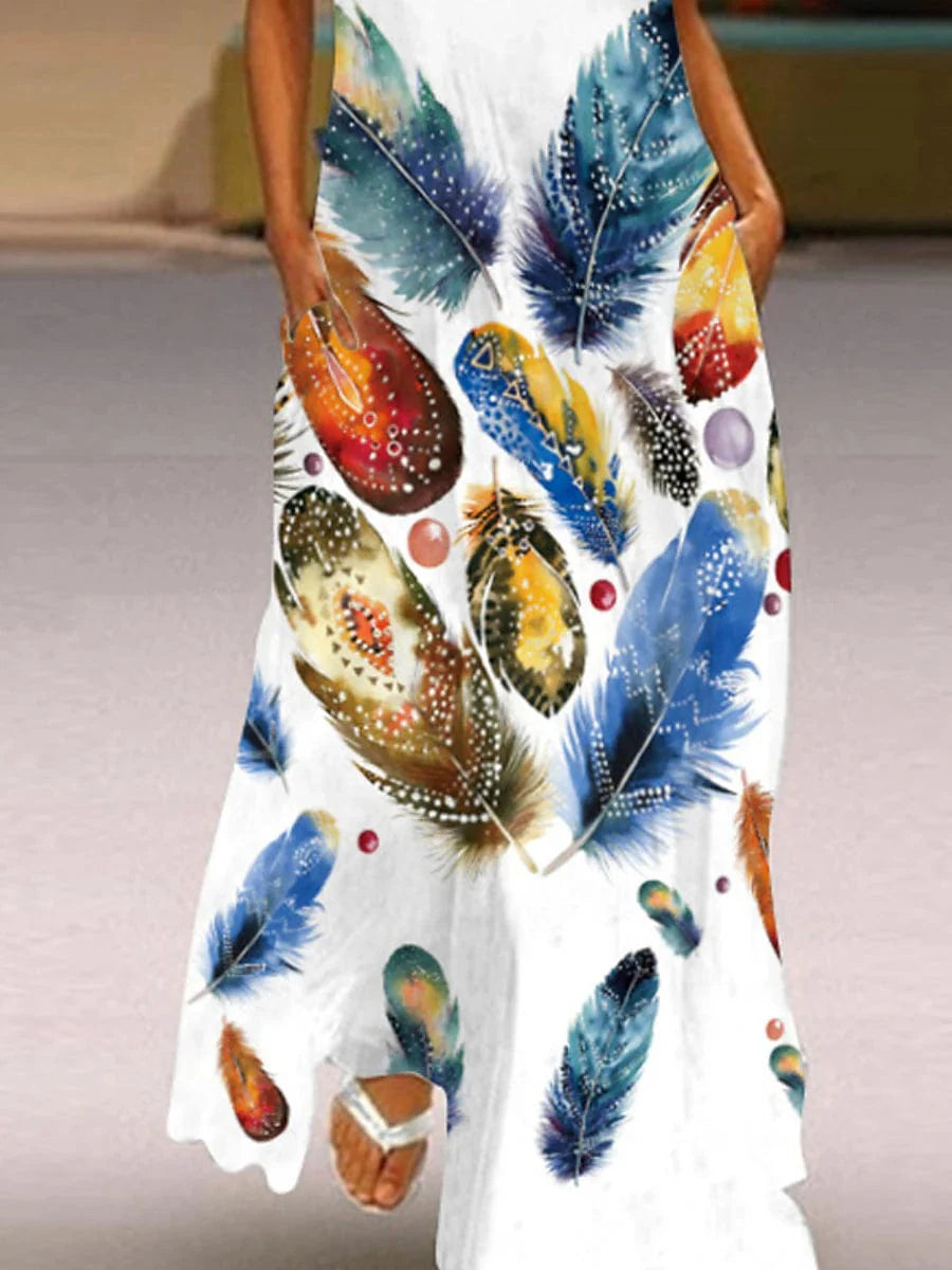 Elegant Feather Print V Neck Maxi Dress for Women