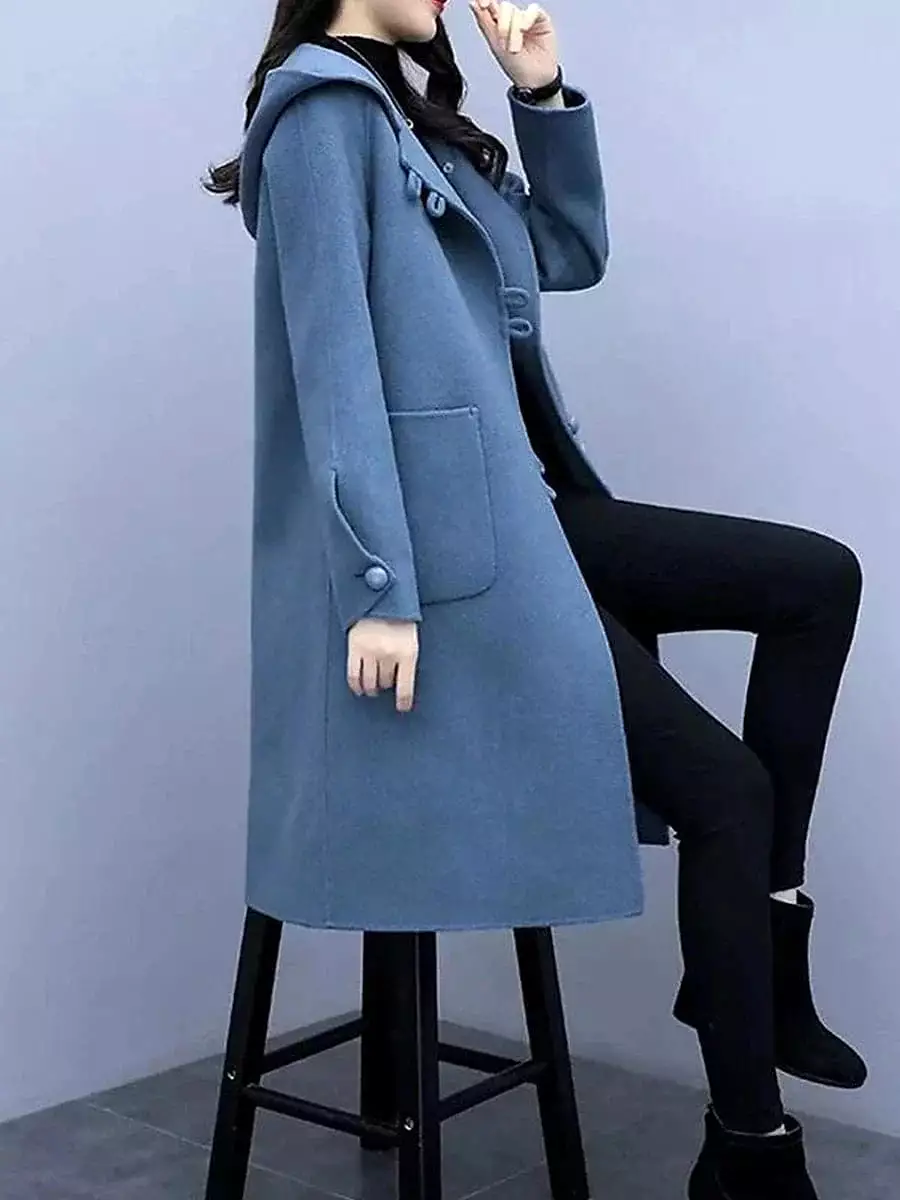 Elegant Hooded Overcoat for Women - Fall/Winter Windproof Pea Coat with Pockets