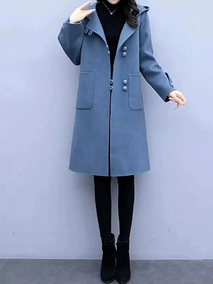 Elegant Hooded Overcoat for Women - Fall/Winter Windproof Pea Coat with Pockets