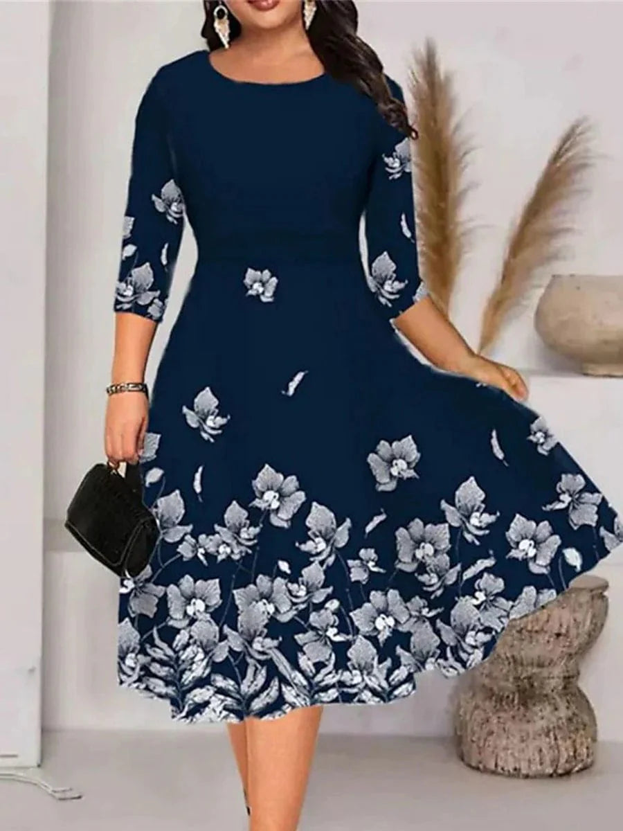 Elegant Leaf Floral Print A-Line Midi Dress for Plus Size Women