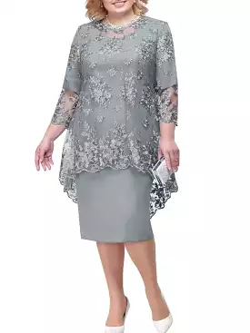 Elegant Navy Blue Plus Size Floral Lace Midi Dress for Women