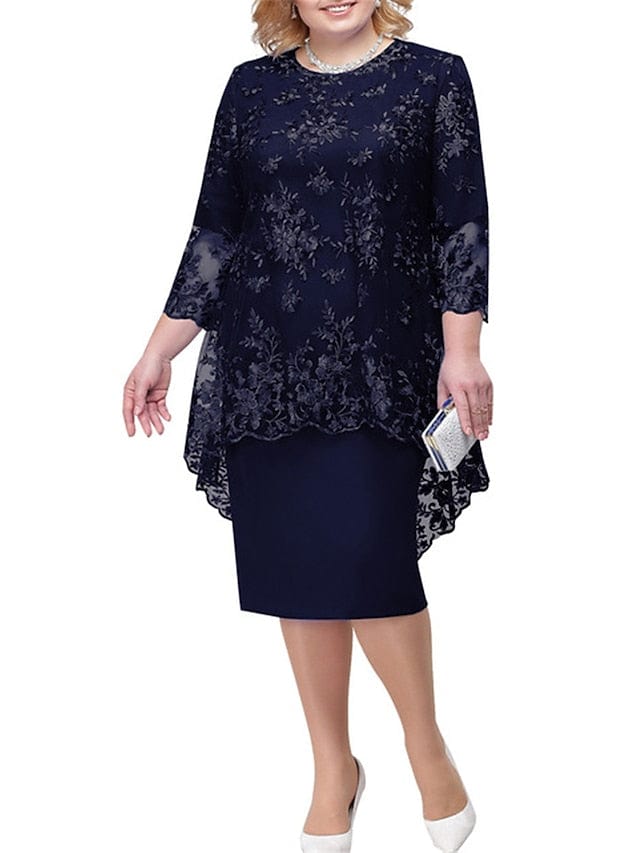 Elegant Navy Blue Plus Size Floral Lace Midi Dress for Women