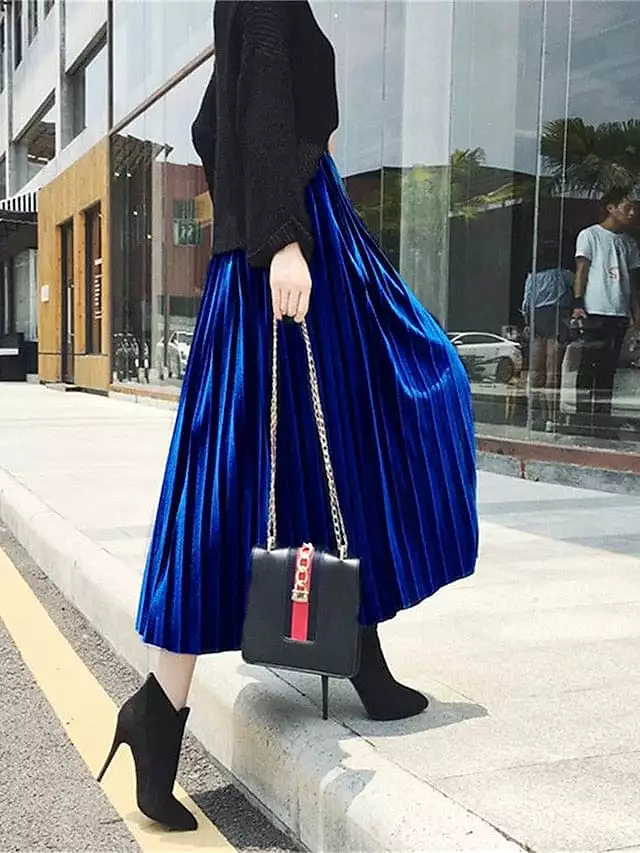 Elegant Pleated High Waist Women's Midi Skirt in Velvety Gold and Royal Blue for Winter