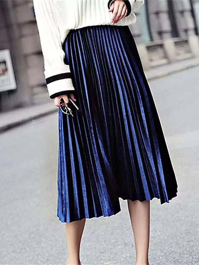 Elegant Pleated High Waist Women's Midi Skirt in Velvety Gold and Royal Blue for Winter