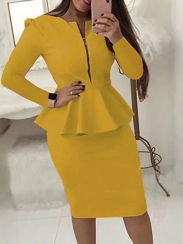 Elegant Plus Size Ruffle Midi Dress for Women - Black, Yellow, Red