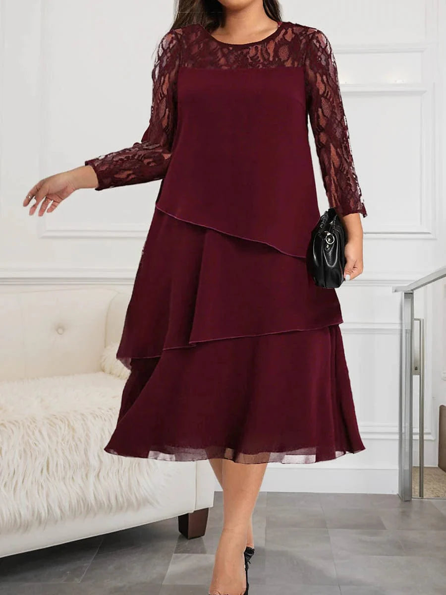 Elegant Red Lace Midi Dress with Long Sleeves for Women