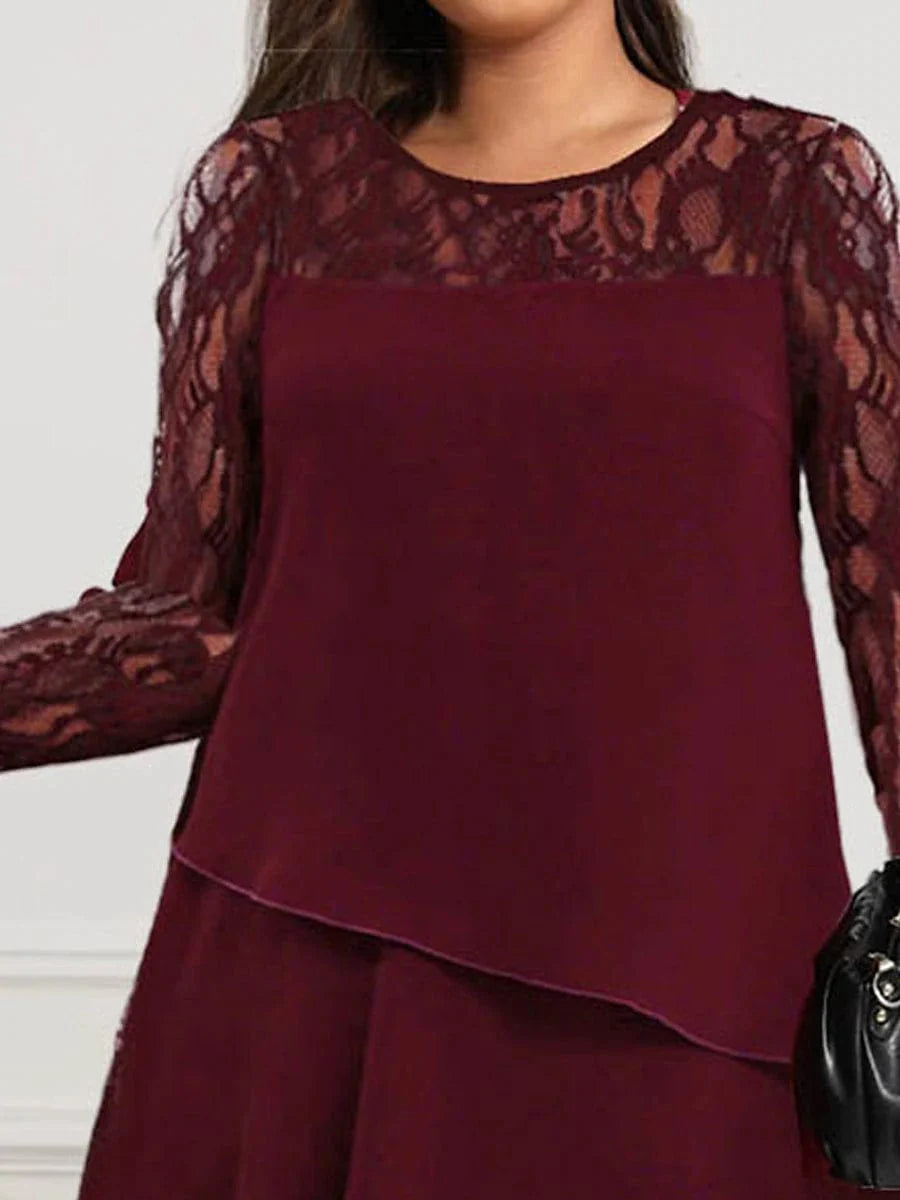 Elegant Red Lace Midi Dress with Long Sleeves for Women