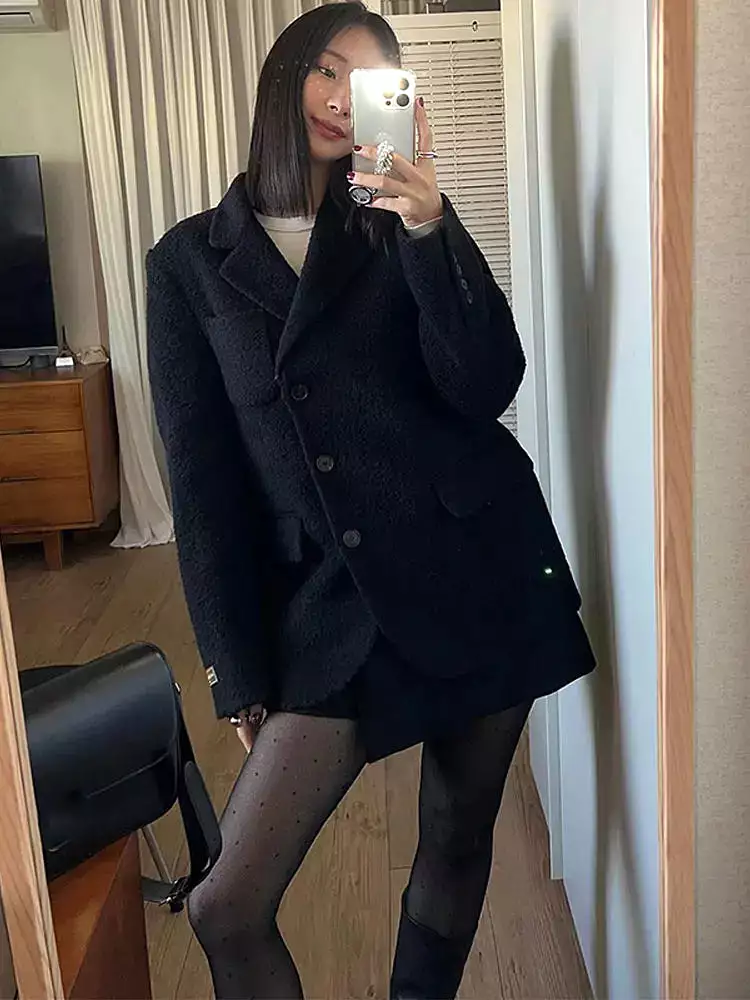 Elegant Woolen Lapel Blazer Coat Coats Women Long Sleeve Single Breasted Loose Jackets