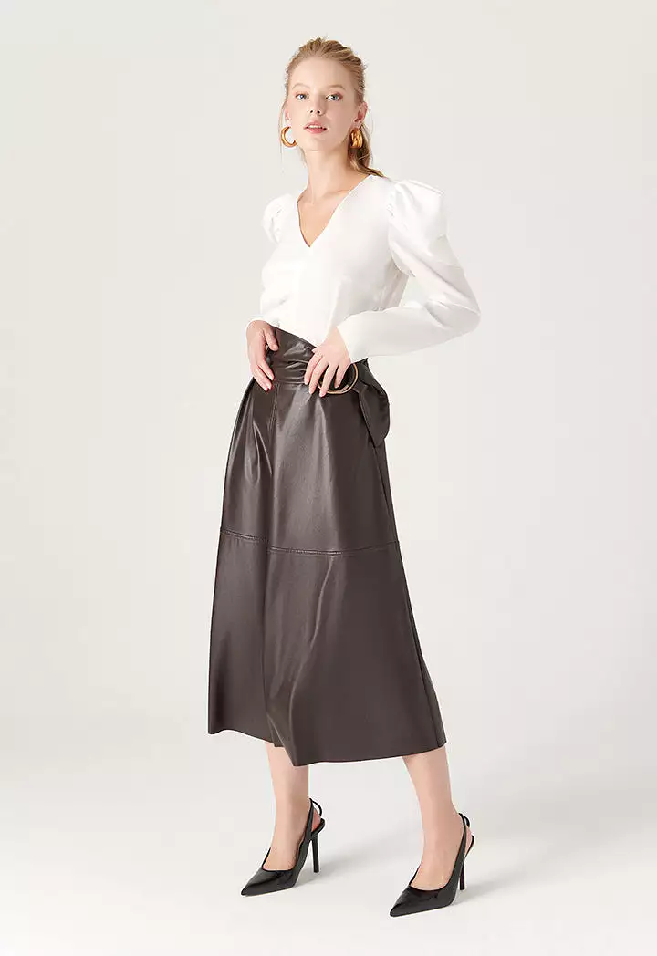 Faux Leather Skirt With Metal Buckle Belt