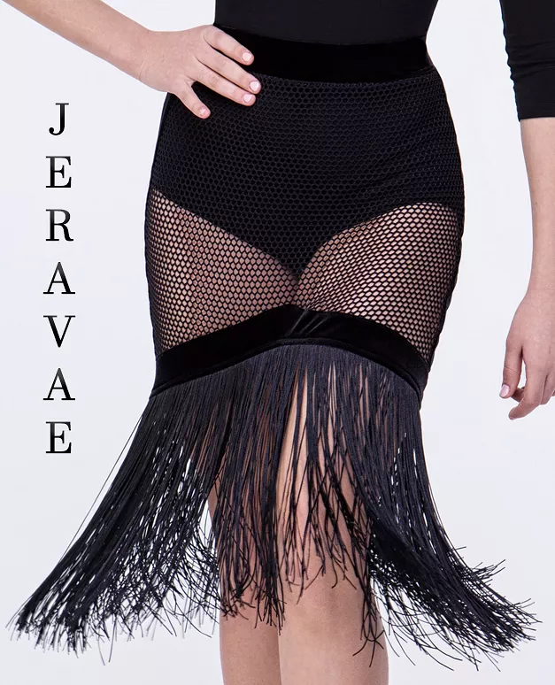 Fishnet Latin Practice Skirt with Velvet Accent, Fringe Hem, and Wrapped Elastic Hem PRA 641