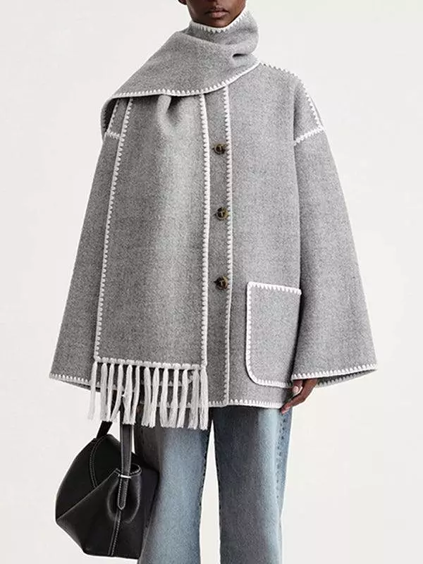 Fringed Scarf Collar Women Woolen Coat