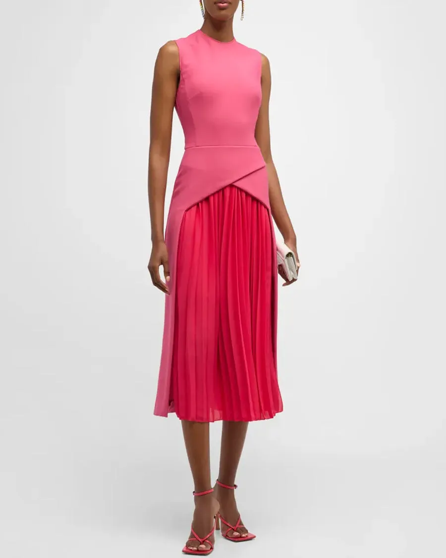 Geranium Jewel Neck Wool Pleated Dress