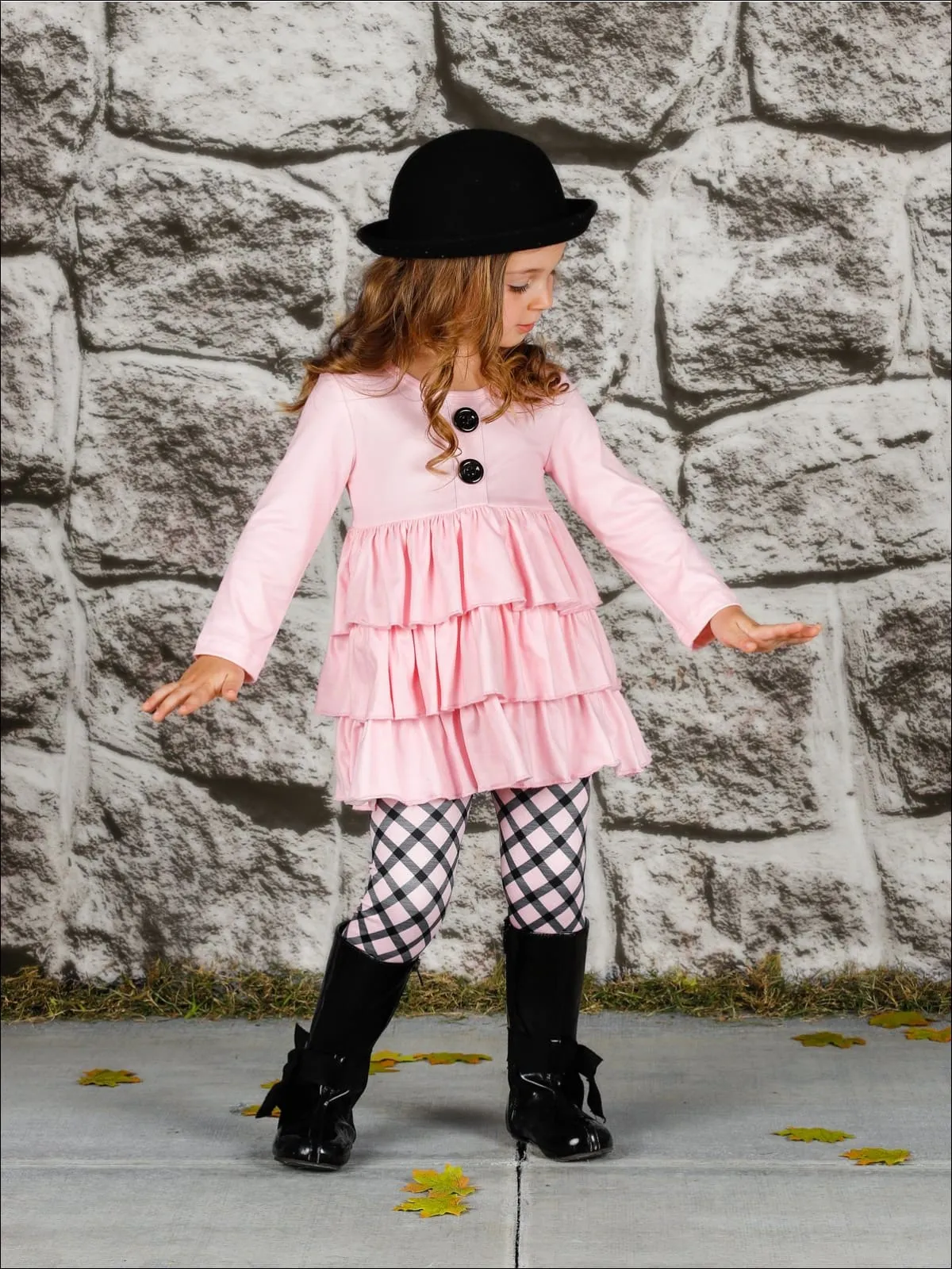 Girls Faux Button Tiered Ruffled Tunic And Printed Legging Set