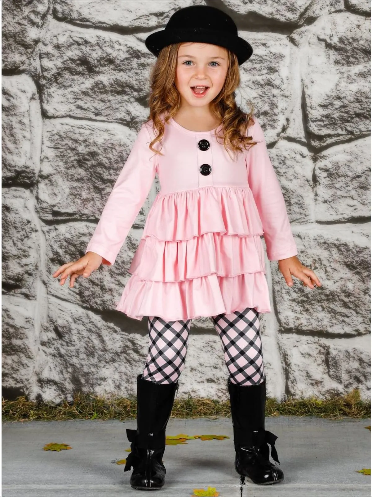 Girls Faux Button Tiered Ruffled Tunic And Printed Legging Set