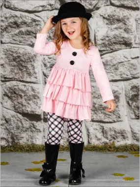 Girls Faux Button Tiered Ruffled Tunic And Printed Legging Set