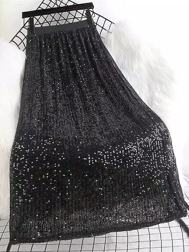 Glamorous Black and Beige Sequin Midi Skirt for Women