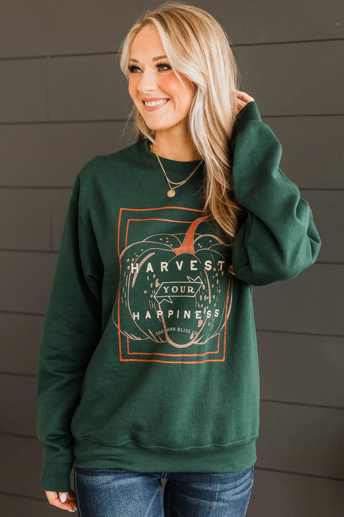 Harvest Your Happiness Crew Neck- Hunter Green