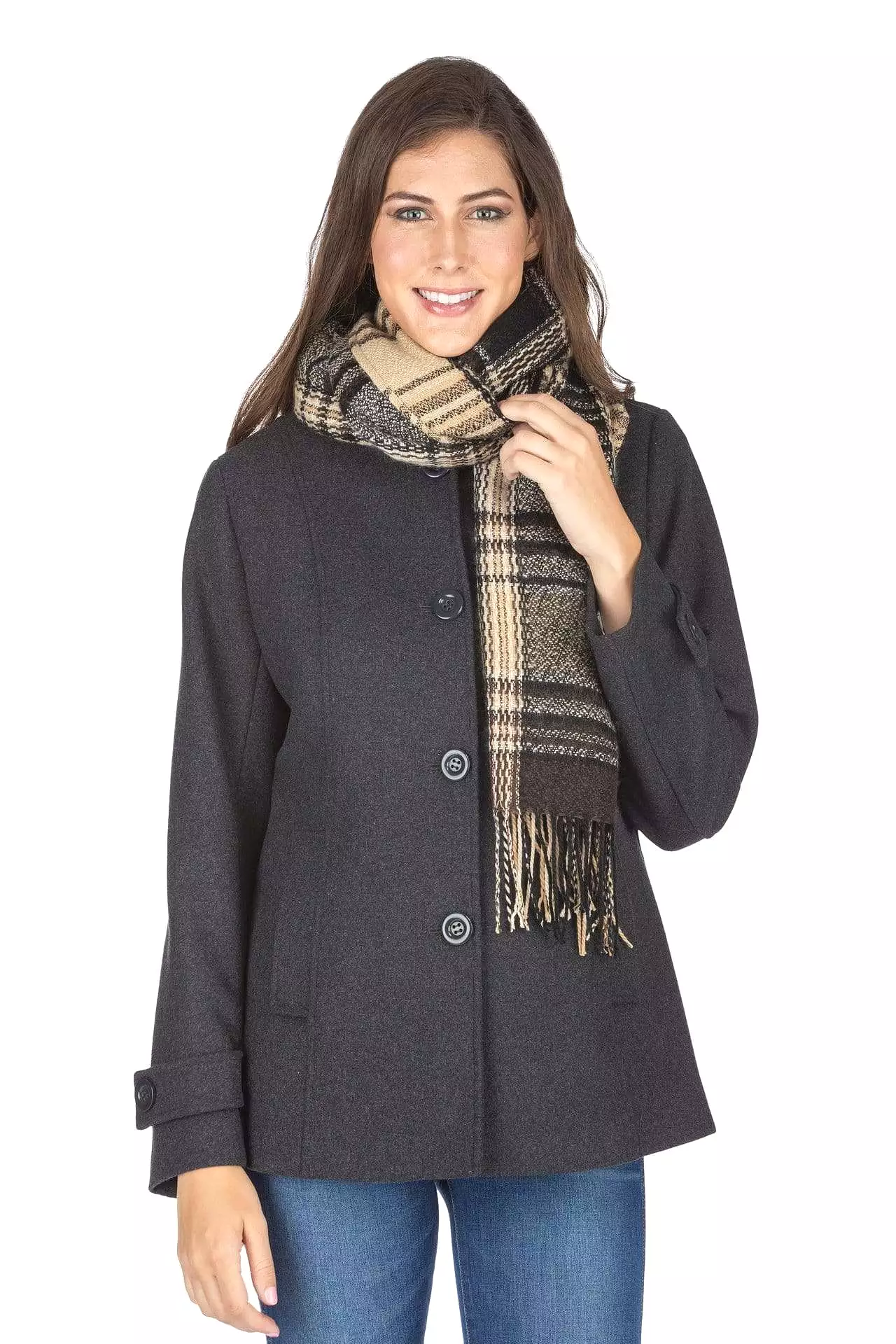 Haute Edition Women's Short Length Wool Blend Car Coat with Free Scarf