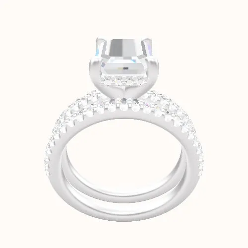 illusion Pave Engagement Ring With V Prong with Hidden Halo Head and Matching Band